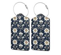 Lot de 2 étiquettes de bagage en cuir avec rabat d'intimité, étiquette d'identification et boucle en métal pour femme et homme - Motifs floraux indiens traditionnels - Bleu marine