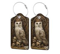 Lot de 2 étiquettes de bagage en cuir avec rabat d'intimité, étiquette d'identification et boucle en métal pour femme et homme Motif hibou blanc portant une couronne