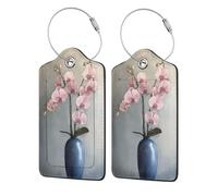 Lot de 2 étiquettes de bagage en cuir orchidée dans un vase bleu pour valise, avec rabat d'intimité, étiquette d'identification et boucle en métal pour homme et femme