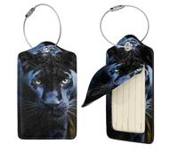 Lot de 2 étiquettes de bagage en cuir pour valises, panthère aux yeux bleus, étiquettes d'identification de valise en cuir avec nom de confidentialité, étiquettes d'adresse et boucle en acier pour