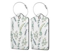 Lot de 2 étiquettes de bagage en cuir PU avec rabat de confidentialité, pour voyage et croisière,Brindille de verdure naturelle blanche imprimée