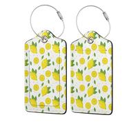 Lot de 2 étiquettes de bagage en cuir PU avec rabat de confidentialité, pour voyage et croisière,Citron Fruit Vert Jaune