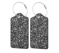Lot de 2 étiquettes de bagage en cuir PU avec rabat de confidentialité, pour voyage et croisière,Motif élégant et scintillant à paillettes noires et argentées