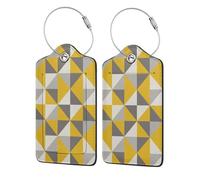 Lot de 2 étiquettes de bagage en cuir PU avec rabat de confidentialité, pour voyage et croisière,Motif triangulaire rétro en jaune et gris