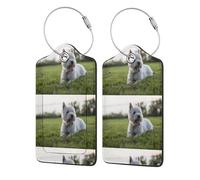 Lot de 2 étiquettes de bagage en cuir PU avec rabat de confidentialité, pour voyage et croisière,Westie Lawn West Highland White Terrier Chiens