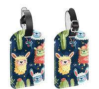 Lot de 2 étiquettes de bagage en cuir synthétique avec protection de l'intimité - Motif lama, alpaga, cactus - 11,4 x 7,1 cm