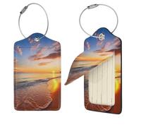 Lot de 2 étiquettes de bagage en cuir synthétique pour valise, avec boucle en acier inoxydable, jolies étiquettes d'identification pour nom, lever de soleil tropical sur la plage, étiquettes de sac de