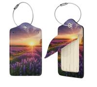 Lot de 2 étiquettes de bagage personnalisées en cuir synthétique avec boucle en métal, motif prairie de lavande au coucher du soleil et du printemps avec dos intégral, noir