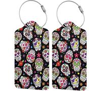 Lot de 2 étiquettes de bagage pour valise, étiquettes d'identification en cuir Day of The Dead Sugar Skull avec boucle en acier inoxydable pour femmes, filles, sac de voyage