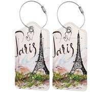 Lot de 2 étiquettes de bagage pour valise, jolies étiquettes d'identification en cuir synthétique avec boucle en acier inoxydable, couverture de confidentialité, pour femmes et filles, valise-Paris