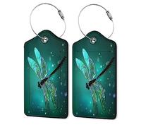 Lot de 2 étiquettes de bagage pour valise, libellule en cuir avec étiquettes d'identification de nom et adresse et boucle en acier durable pour femme/homme, voyage, fantaisie, libellule verte