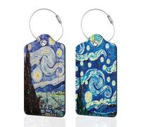 Lot de 2 étiquettes de bagage pour valise, motif Van Gogh Nuit étoilée en cuir, étiquettes d'identification avec boucle en acier durable pour femmes, hommes, enfants, filles