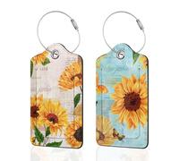 Lot de 2 étiquettes de bagage pour valise, tournesols aquarelles, étiquettes d'identification en cuir avec boucle en acier durable pour femmes, hommes, enfants, filles