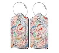 Lot de 2 étiquettes de bagage rétro colorées pour passeport, visa, valise de croisière, étiquette d'identification avec boucle en acier inoxydable pour homme et femme