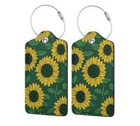 Lot de 2 étiquettes de bagage simples en cuir avec rabat d'intimité, étiquette d'identification et boucle en métal pour homme et femme - Motif tournesols jaunes sur une feuille verte