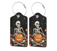 Lot de 2 étiquettes de bagage vintage squelette d'Halloween tenant une citrouille pour valise, en cuir avec rabat d'intimité, étiquette d'identification et boucle en métal pour homme et femme