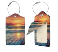 Lot de 2 étiquettes de voyage personnalisées en cuir synthétique avec boucle en métal pour valises, motif coucher de soleil et bord de mer