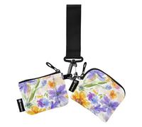 Lot de 2 étuis à cartes fins et portables avec poche à fermeture éclair pour femme et homme Motif fleurs jaunes et violettes, Jaune printemps violet, 1 size