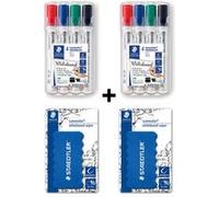 Lot de 2 étuis de 4 marqueurs biseauté Lumocolor pour tableau blanc + 2 brosses magnétique Staedtler