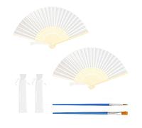 Lot de 2 éventails blancs avec 2 pinceaux à peinture - Décoration murale - Éventail portable en tissu - Éventail pliable à main - Éventail chinois à pompons - Pour fête, fête, mariage