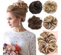 Lot de 2 extensions de chouchous désordonnés, cheveux bouclés et ondulés pour femme - Accessoires chignons en forme de beignet, 50 g/lot (marron mélange blond décoloré)