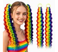 Lot de 2 extensions de queue de cheval arc-en-ciel pour femme, accessoire Crazy Hair Day pour attacher une queue de cheval bou et ondulée avec élastique pour les journées folles, carnaval, 45,7 cm