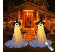 Lot de 2 fantômes décoratifs d'Halloween avec guirlande lumineuse LED, 210 cm, fantôme debout avec minuterie et télécommande, fantômes lumineux avec chapeau de sorcière, pour décoration d'extérieur