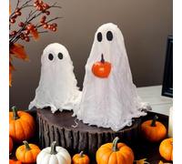 Lot de 2 fantômes d'Halloween fantômes lumineux en Sherpa avec citrouille, fantômes assis lumineux, LED effrayantes H-alloween G-host D-ecor pour porche, cour, jardin, table de maison, fête intérieure