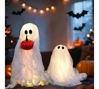 Lot de 2 fantômes d'Halloween fantômes lumineux en Sherpa avec citrouille, fantômes assis lumineux, LED effrayantes H-alloween G-host D-ecor pour porche, cour, jardin, table de maison, fête intérieure