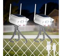 Lot de 2 fausses caméras de sécurité factices à énergie solaire, système de surveillance simulé avec capteur de lumière clignotante rouge réaliste, lumière blanche 66 LED pour cour, jardin, centre