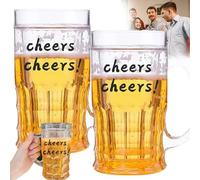 Lot de 2 fausses tasses à bière, double couche drôle, 2025 nouvelles tasses à bière réalistes en plastique avec poignées pour boissons de bar, farces, fêtes et décoration fantaisie, 15 x 8,5 cm