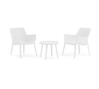 Lot de 2 fauteuils avec table basse d'extérieur en polypropylène renforcé de fibre de verre, fauteuils de piscine, fauteuils de balcon ergonomiques - Betty (ensemble avec table blanche)