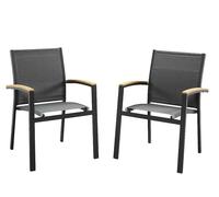 Lot de 2 fauteuils de jardin empilables en aluminium et textilène - Anthracite et accoudoirs acacia - TAIPIVAI de MYLIA