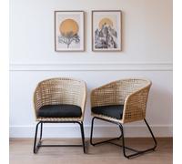 Happy Garden Lot de 2 Fauteuils RINA en Rotin Synthétique avec Coussins - Style Vintage Intérieur/Extérieur, Résine Marron et Acier Noir
