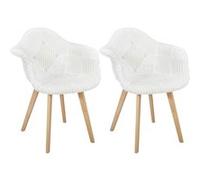 ROHAN - Lot de 2 Fauteuils Imitation Laine Motif Patchwork Blanc -