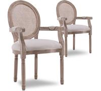 Lot de 2 fauteuils médaillon Louis XVI cannage rotin tissu beige