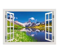 Lot de 2 feuilles de décalcomanie à coller et à décoller pour fausse fenêtre - Décoration murale à coller et à décoller - Paysage naturel - Montagnes enneigées - Lac - Scène florale (121,9 x 81,3 cm)