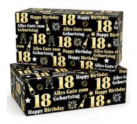 Lot de 2 feuilles de papier cadeau noir doré 75 x 51 cm 18 feuilles de papier d'emballage Happy Birthday pour 18e anniversaire