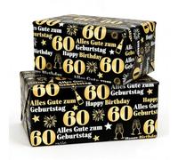 Lot de 2 feuilles de papier cadeau noir doré 75 x 51 cm 60 feuilles de papier d'emballage Happy Birthday pour 60e anniversaire