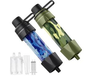 Lot de 2 filtres à eau potable pour l'extérieur - Pour 5000 litres d'eau filtrée - Mousqueton et paille d'extension - Traitement de l'eau potable qui tue 99,99 % de tous les germes et bactéries (bleu