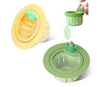 Lot de 2 filtres de vidange d'évier de cuisine en forme de cactus pour 7,6 à 10,8 cm de diamètre, filtre de vidange alimentaire avec joint, panier de vidange automatique à pression (jaune et vert)