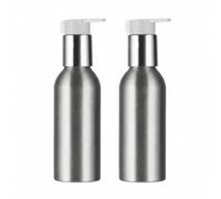 Lot de 2 flacons à pompe en aluminium de 120 ml avec pompe blanche pour savon, crème, produits de toilette, savon liquide, shampooing et huile essentielle (argenté)
