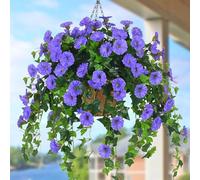 Lot de 2 fleurs artificielles à suspendre dans un panier, fleurs artificielles à suspendre pour extérieur, résistantes aux UV, pétunia en soie pour décoration de printemps, plantes de gloire du matin