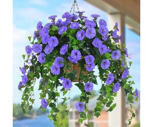 Lot de 2 fleurs artificielles à suspendre dans un panier, fleurs artificielles à suspendre pour extérieur, résistantes aux UV, pétunia en soie pour décoration de printemps, plantes de gloire du matin