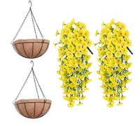 Lot de 2 fleurs artificielles d'extérieur à suspendre, 2 plantes artificielles longues vigne pétunia à suspendre au mur avec panier, plantes de gloire du matin à suspendre pour jardin, mur, maison