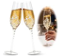 Lot de 2 flûtes à champagne en verre - Avec gravure - Pour mariage - Ornées de cristal ou de perle - Cadeau pour mariage, fiançailles et Noël (style 1)