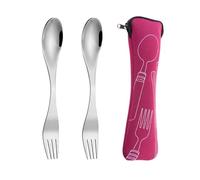 Lot de 2 fourchettes et cuillères, 1 sac à couverts, fourchettes et cuillères en acier inoxydable, fourchettes et cuillères portables 2 en 1, vaisselle légère réutilisable pour le camping et les