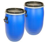 Lot de 2 Fûts, baril poliétylène ouverture totale 60 L, bleu, qualité alimentaire, avec couvercle (2x22095)