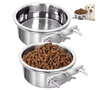 Lot de 2 gamelles à eau pour cage de chenil, bol à suspendre en acier inoxydable à verrouillage rapide pour chien, chat, oiseau, cochon d'Inde, lapin, poulailler (14-16 cm), argenté