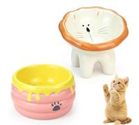 Lot de 2 gamelles en céramique pour chat, station d'alimentation surélevée inclinée et gamelles d'eau de 300 ml pour chat et petit chien, joli pot à miel en forme de lion pour protection du cou